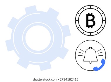 Blockchain, criptomonedas, fintech, notificaciones, innovación digital, intercambio de criptomonedas. Símbolo de Bitcoin, icono de notificación de campana rueda dentada. Blockchain y criptomonedas