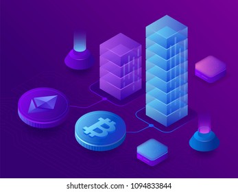 Blockchain and cryptocurrency growth chart, bitcoin course. 3d isometric vector illustration on ultraviolet background
