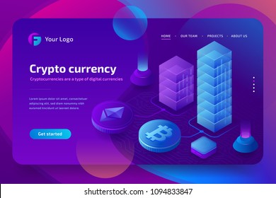 Blockchain and cryptocurrency growth chart, bitcoin course. 3d isometric vector illustration on ultraviolet background