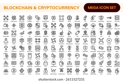 Blockchain Cryptocurrency Icon Set – Digital Finance, Bitcoin, Ethereum, NFT, Trading – Vector, Outline, Line, Minimal, Illustration