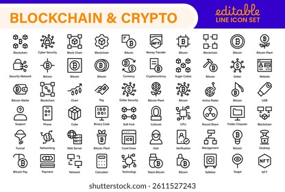 Blockchain Cryptocurrency Icon Set – Digital Finance, Bitcoin, Ethereum, NFT, Trading – Vector, Outline, Line, Minimal, Illustration
