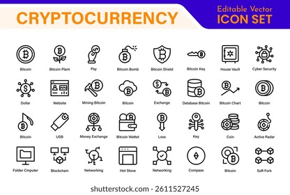 Blockchain Cryptocurrency Icon Set – Digital Finance, Bitcoin, Ethereum, NFT, Trading – Vector, Outline, Line, Minimal, Illustration