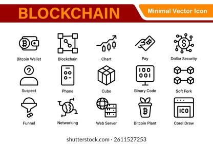 Blockchain Cryptocurrency Icon Set – Digital Finance, Bitcoin, Ethereum, NFT, Trading – Vector, Outline, Line, Minimal, Illustration