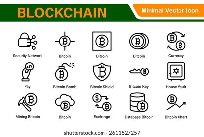 Blockchain Cryptocurrency Icon Set – Digital Finance, Bitcoin, Ethereum, NFT, Trading – Vector, Outline, Line, Minimal, Illustration