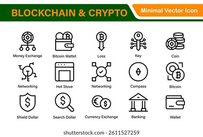 Blockchain Cryptocurrency Icon Set – Digital Finance, Bitcoin, Ethereum, NFT, Trading – Vector, Outline, Line, Minimal, Illustration