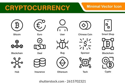 Blockchain Cryptocurrency Icon Set – Digital Finance, Bitcoin, Ethereum, NFT, Trading – Vector, Outline, Line, Minimal, Illustration
