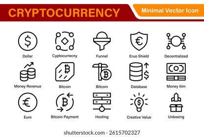 Blockchain Cryptocurrency Icon Set – Digital Finance, Bitcoin, Ethereum, NFT, Trading – Vector, Outline, Line, Minimal, Illustration
