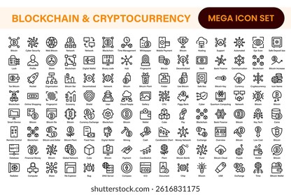 Blockchain Cryptocurrency Icon Set – Digital Finance, Bitcoin, Ethereum, NFT, Trading – Vector, Outline, Line, Minimal, Illustration