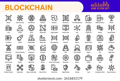 Blockchain Cryptocurrency Icon Set – Digital Finance, Bitcoin, Ethereum, NFT, Trading – Vector, Outline, Line, Minimal, Illustration