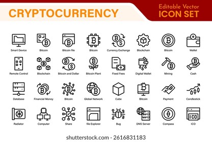 Blockchain Cryptocurrency Icon Set – Digital Finance, Bitcoin, Ethereum, NFT, Trading – Vector, Outline, Line, Minimal, Illustration