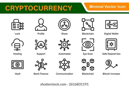 Blockchain Cryptocurrency Icon Set – Digital Finance, Bitcoin, Ethereum, NFT, Trading – Vector, Outline, Line, Minimal, Illustration