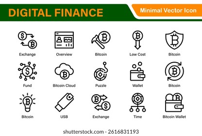Blockchain Cryptocurrency Icon Set – Digital Finance, Bitcoin, Ethereum, NFT, Trading – Vector, Outline, Line, Minimal, Illustration