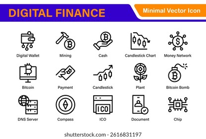 Blockchain Cryptocurrency Icon Set – Digital Finance, Bitcoin, Ethereum, NFT, Trading – Vector, Outline, Line, Minimal, Illustration