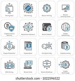 Blockchain Cryptocurrency Icons. Modern computer network technology sign set. Digital graphic symbol collection. Bitcoin mining and Security. Concept design elements.