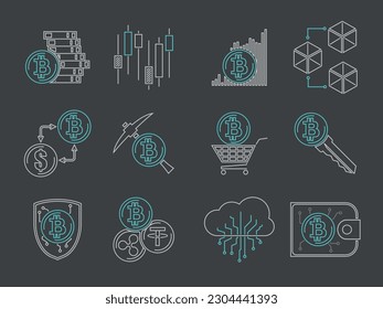 Blockchain Cryptocurrency icons. Modern computer network technology sign set. Collection of digital graphic symbols. Bitcoin mining. Concept design elements.