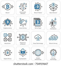 Blockchain Cryptocurrency Icons. Modern computer network technology sign set. Digital graphic symbol collection. Bitcoin mining. Concept design elements.