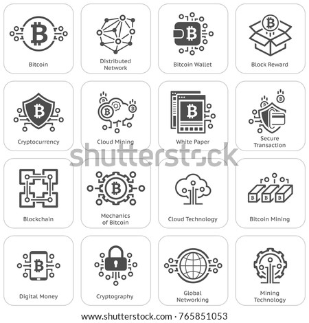 Blockchain Cryptocurrency Icons. Modern computer network technology sign set. Digital graphic symbol collection. Bitcoin mining. Concept design elements.