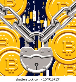 Blockchain Cryptocurrency illustration. Computer network technology. Digital graphic elements. Bitcoin mining. Concept design.