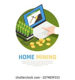 Blockchain cryptocurrency isometric composition with editable text and images of mining farm laptop computer and coins vector illustration