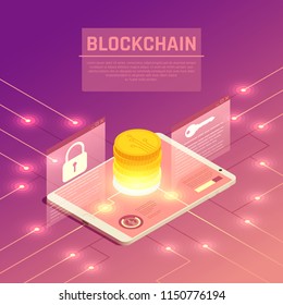 Blockchain cryptocurrency isometric composition with wired electrodes and tablet with stack of coins and lock signs vector illustration