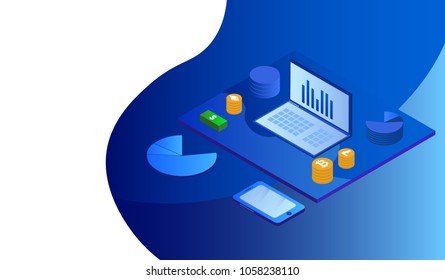 Blockchain Cryptocurrency Isometric illustration. Design Concept. Bitcoin, ethereum, litecoin. Vector 