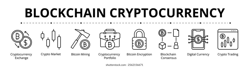 Blockchain Cryptocurrency Line Banner Web Icon Set Vector Illustration