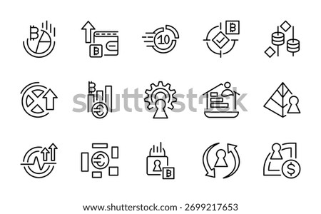 Blockchain and Cryptocurrency line icon set. Transaction, tech symbols, bitcoin, economy. blockchain package. NFT, cloud security, and data protection line icons. UI thin line icon pack.