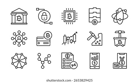Conjunto de ícones lineares de cadeia de blocos e criptomoeda. Bitcoin, moeda digital, negócios, negociação, mineração, dinheiro eletrônico, sistema de pagamento, tecnologia, rede, conjunto de ícones vetoriais. Pacote de ícones de linha fina da interface do usuário.
