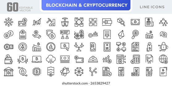 Conjunto de ícones lineares de cadeia de blocos e criptomoeda. Bitcoin, moeda digital, negócios, negociação, mineração, dinheiro eletrônico, sistema de pagamento, tecnologia, rede, conjunto de ícones vetoriais. Pacote de ícones de linha fina da interface do usuário.