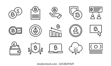 Conjunto de ícones lineares de cadeia de blocos e criptomoeda. Bitcoin, moeda digital, negócios, negociação, mineração, dinheiro eletrônico, sistema de pagamento, tecnologia, rede, conjunto de ícones vetoriais. Pacote de ícones de linha fina da interface do usuário.