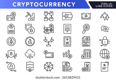Blockchain and cryptocurrency linear icon set. Bitcoin, digital currency, business, trading, mining, electronic cash, payment system, technology, network, vector icon set. UI thin line icon pack.