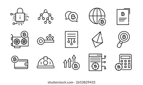 Conjunto de ícones lineares de cadeia de blocos e criptomoeda. Bitcoin, moeda digital, negócios, negociação, mineração, dinheiro eletrônico, sistema de pagamento, tecnologia, rede, conjunto de ícones vetoriais. Pacote de ícones de linha fina da interface do usuário.