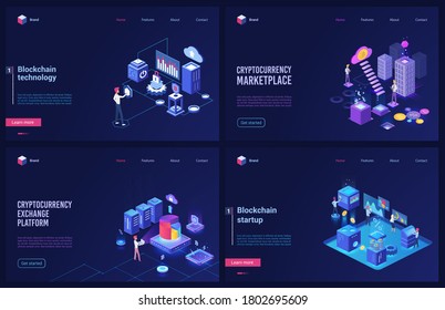 Blockchain Cryptocurrency Marketplace Technology Isometric Vector Illustrations. Cartoon Blue 3d Design Template Interface Tech Set With Cryptocoin Platform Startup, Stock Exchange For Digital Money