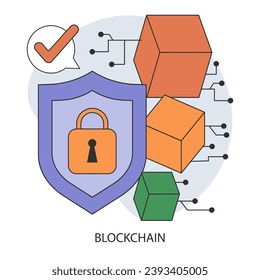Blockchain. Kryptowährungsbergbau, Finanztransaktionen, Benutzeridentifizierung und Cybersicherheitstechnologie. Flache Vektorgrafik