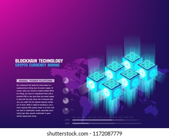 Blockchain and cryptocurrency with mining platform style on blue background