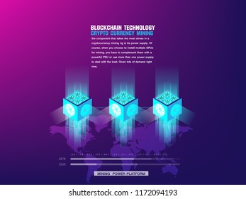 Blockchain and cryptocurrency with mining platform style on blue background