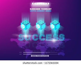 Blockchain and cryptocurrency with mining platform style on blue background and success word