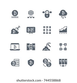 Blockchain and cryptocurrency mining vector icons. Decentralized transaction system symbols. Cryptocurrency money, blockchain bitcoin system, transaction and currency illustration