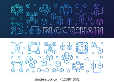 Blockchain cryptocurrency outline colored banners set. Block chain vector illustration in thin line style
