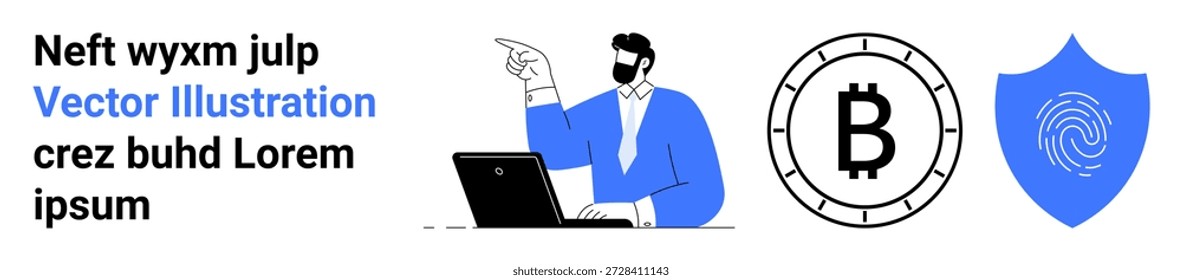 Blockchain, criptomoeda, sistemas de segurança, identidade digital, fintech, autenticação online. Pessoa em um laptop ao lado do símbolo Bitcoin e do escudo de impressão digital. Segurança de cadeia de blocos e criptomoeda