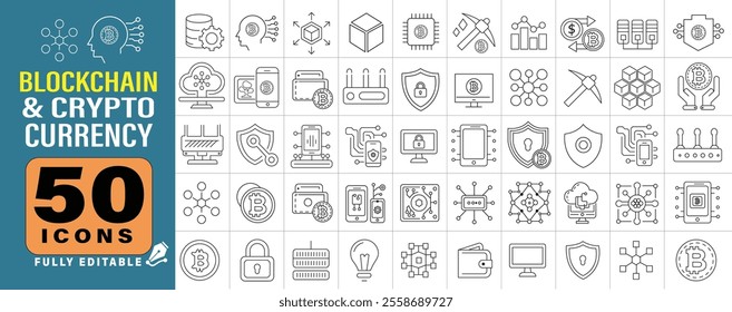 Blockchain and Cryptocurrency set of web icons in line style. Crypto technology and Blockchain icons for web and mobile app. Crypto currency, bitcoin, NFT, technology, decentralized finance.