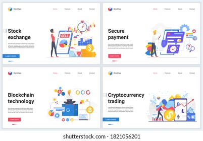 Blockchain cryptocurrency stock exchange vector illustrations. Cartoon flat modern creative design template set, concept banners with digital money tech market, cryptocoin wallet payment technology