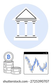 Blockchain, negociação criptomoeda, fintech, finanças digitais, banca, economia descentralizada. Pilha de moedas Bitcoin, ícone de construção financeira gráfico de mercado. Negociação de criptomoedas e conceito fintech