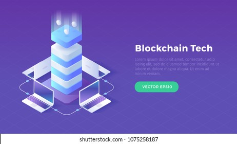 Blockchain cryptocurrency transactions concept graphic slider header design vector illustration in isometric style