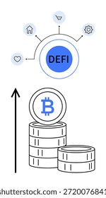 Blockchain, tendencias de criptomonedas, finanzas descentralizadas, inversión en Bitcoin, innovación fintech, transacciones digitales. Pila de monedas Bitcoin con flecha de crecimiento e iconos de red DEFI. Descentralizado