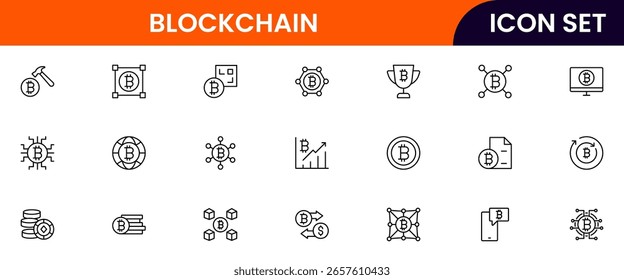 Blockchain and cryptocurrency vector line icons featuring digital coins, wallets, mining, ledgers, security, tokens, exchanges, smart contracts, and decentralized networks.
