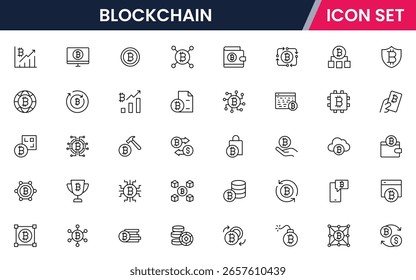 Iconos de línea de Vector de blockchain y criptomonedas que presentan monedas digitales, billeteras, minería, libros mayores, seguridad, tokens, intercambios, contratos inteligentes y redes descentralizadas.