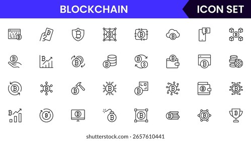 Blockchain and cryptocurrency vector line icons featuring digital coins, wallets, mining, ledgers, security, tokens, exchanges, smart contracts, and decentralized networks.