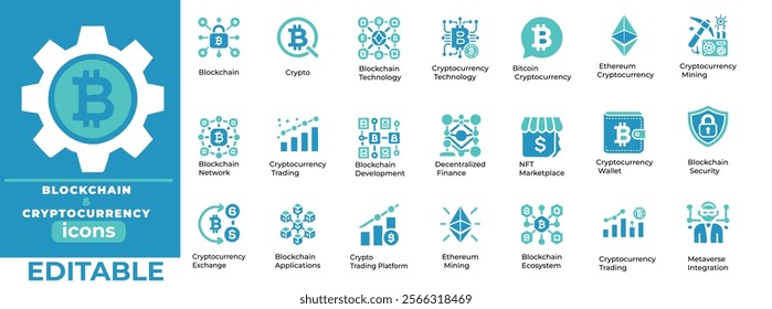 Blockchain and Cryptocurrency Vector Set  Editable icons for crypto trading, blockchain tech, wallets, and NFTs