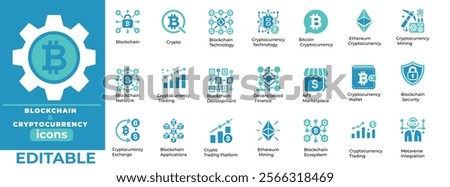 Blockchain and Cryptocurrency Vector Set  Editable icons for crypto trading, blockchain tech, wallets, and NFTs